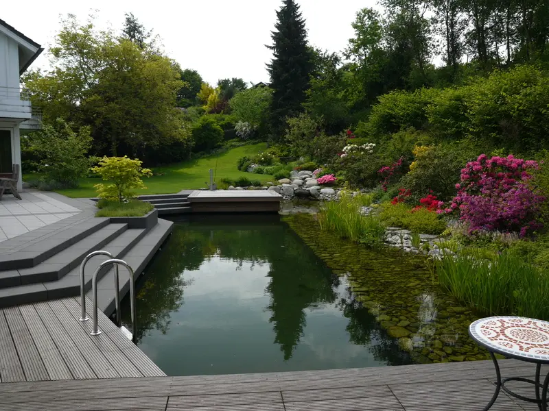 Garten mit Schwimmteich und überdachter Terrasse – Projektfoto